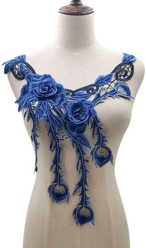 FEEPOPFEEPOP 1 pc Beautiful Blue Embroidered Necklace Sewing Patch Decal Neckline Badge Handmade DIY Decorative Fabric (Color F)