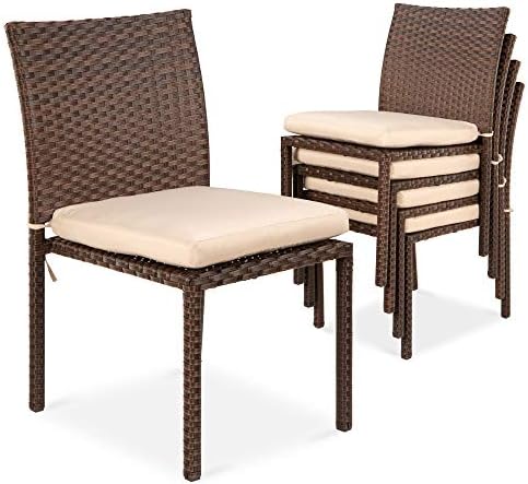 Best Choice Products Set of 4 Stackable Outdoor Patio Wicker Chairs w/Cushions, UV-Resistant Finish, and Steel Frame - Brown/Cream