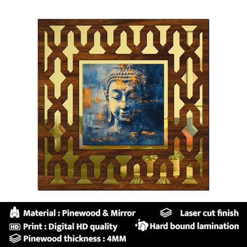 Image of Wooden Buddha Art Mirror Wall Decor Panel for Home Decor Living Room Bed Room Office (AD2, 12X12 Inches, Set of 2)