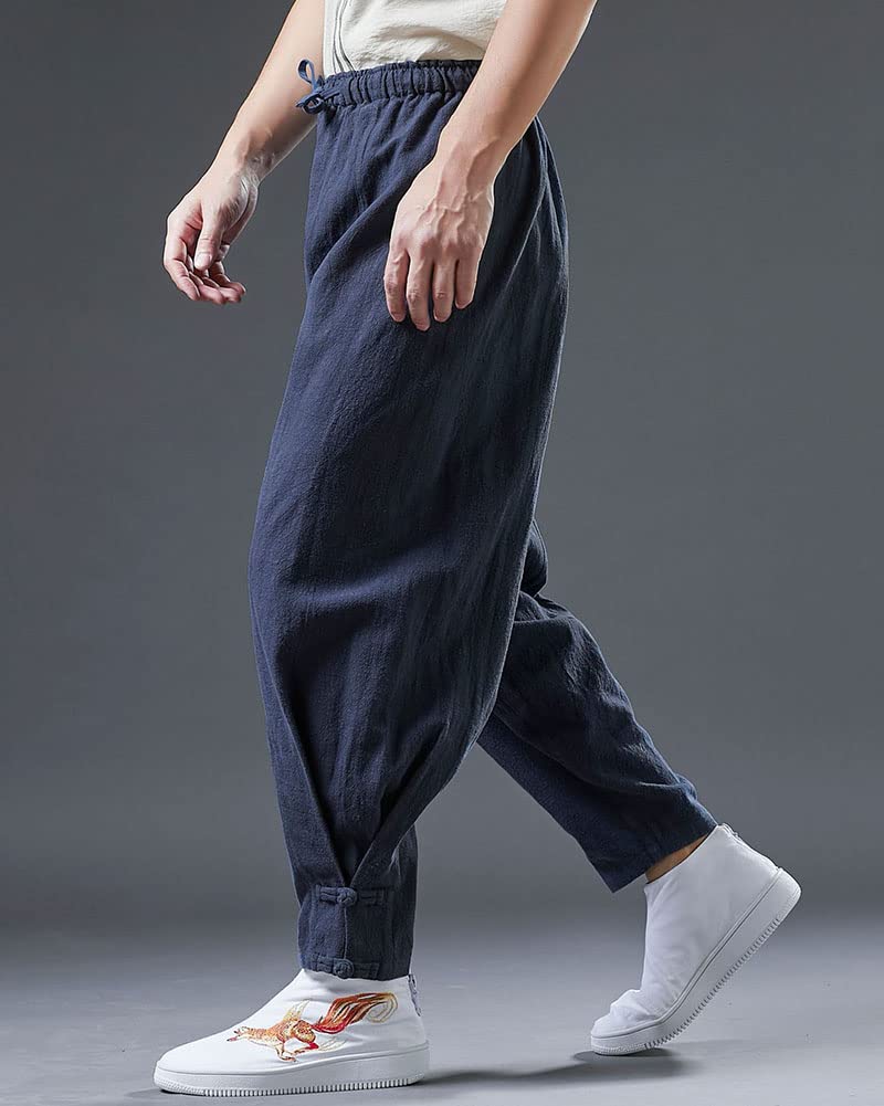 GUOCU Męskie spodnie chinosy Ramie ze ściągaczem jednokolorowe lniane spodnie swobodne luźne spodnie zwężane proste spodnie do jogi letnie spodnie plażowe Lounge Wear
