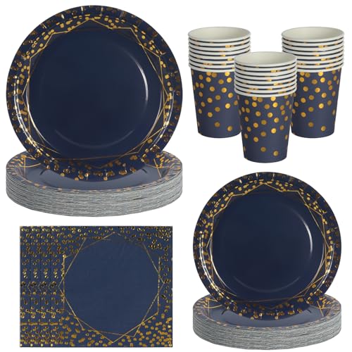 PYAILI Juego de cubiertos en azul profundo, total de 96 piezas: incluye platos, vasos de papel y servilletas, ideal para fiestas de cumpleaños, banquetes y otras ocasiones -24 Invités