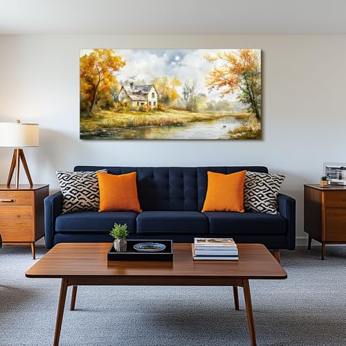 SERIMINO Autumn Nature Landscape Wall Art, Riverside Cottage Scenic Large Artwork, Rustic Farmhouse Oversized Wall Prints, Pastoral Canvas Paintings Wall Decor Living Room Bedroom Dining Room 30"X60"