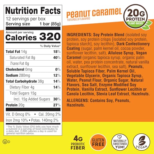 Image of Lenny & Larry's High Protein Bar - Peanut Caramel Vegan Protein Bars - 20g Plant-Based Protein, High Fiber Dessert - Gluten-Free Snack - Larger Bar Size (12 x 85g)