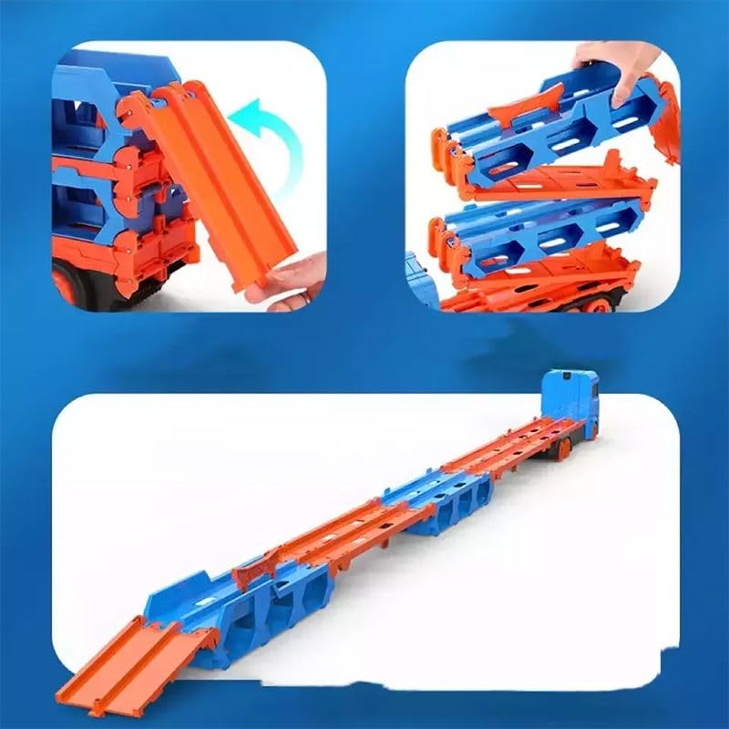 Image of WireScorts Big Hauler Transport Truck Toy with Foldable Ejection Race Track, 2 Die-Cast Cars Included, for Kids Boys 3+ Years, Blue