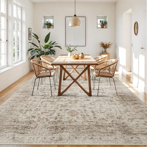 Living Room 9x12 Area Rugs - Large Boho Rugs for Living Room Stain Resistant Carpet Vintage Tribal Rugs for Bedroom with Non Slip Backing Home Decor Floor Decoration Mat 9x12 Beige/Brown