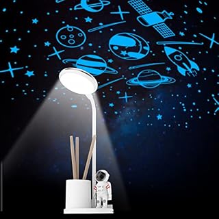 Accwork Desk Lamp with Star Projection for Kids, Table Lamp with Pen Holder Eye-Caring Night Light for Study Reading, Astronaut Starry Lamp for Christmas Birthday Gift, Stepless Dimming, 2000mAh
