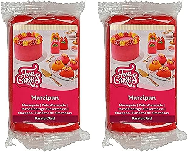 FunCakes Mandelhaltige Zuckermasse (holländisches Marzipan) Passion Red: Einfach zu verwenden und geschmeidig, perfekt zum Dekorieren von Kuchen, Halal, koscher und glutenfrei. 250 g. (Packung mit 2)