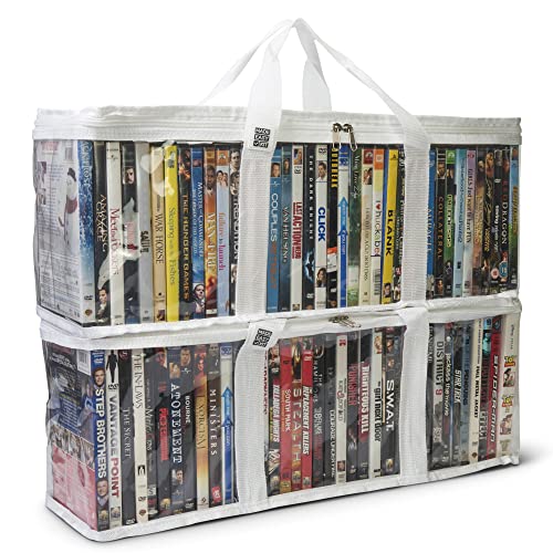 Made Easy Kit DVD Storage Bag - Clear PVC Organizer,Triple-Stitched Handles, Dividers - Stackable, Space-Saving, Fits 40 DVD Cases - Container for Movie Discs, Video Games, VHS Tapes (White, 2 Bags)