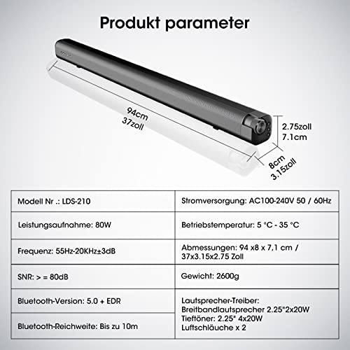 Soundbar für TV Geräte,100W TV Soundbar,3D Surround Sound Bar mit Integriertem Subwoofer für Heimkino/PC/Handy,94cm Langer TV Lautsprecher-Bluetooth,HDMI,AUX,Optischer Coax,USB Anschluss – Bild 4
