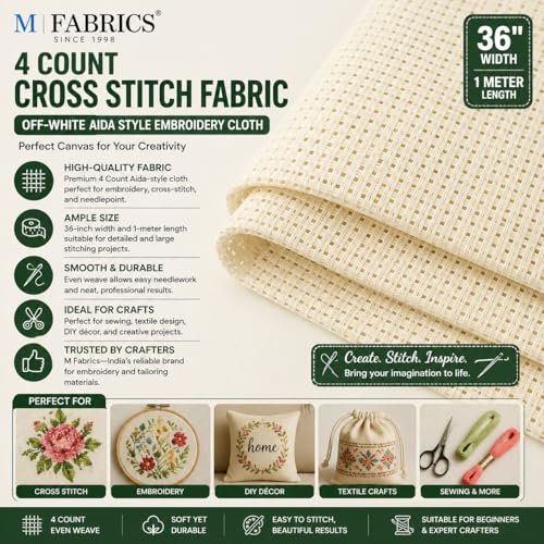 Image of M Fabrics 4 Count Aida Fabric Off White | 5 Meters 36 Inch Width | Cross Stitch Embroidery Cloth Canvas for Needlework Sewing DIY Craft Matty Fabric - 5 Meters
