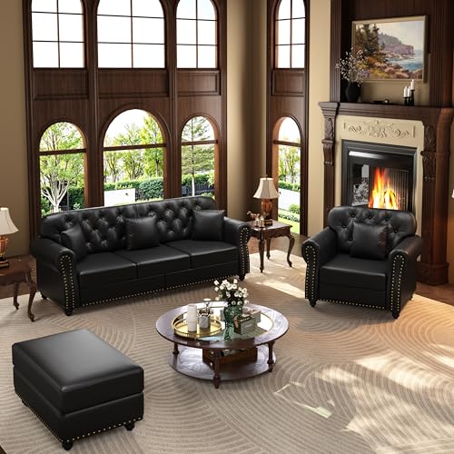 Image of KEIKI 2-Piece Chesterfield Sofa Set with 1 Faux Leather 3-Seater Sofa & 1 Single Sofa, Upholstered 4-Seater Couch Set with Nailhead Trim & Rolled Arms & 1 Ottoman & 4 Pillow, for Living Room, Black