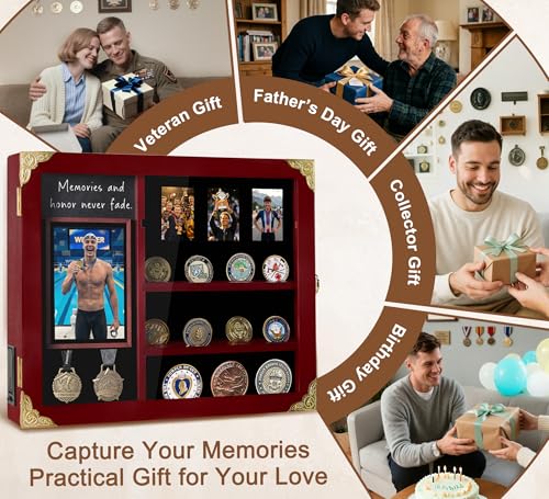 Image of Challenge Coin Display Case Wall Mount with Light, Removable Shelves and Picture Frame for Honor Military Coin Holder, Memorial Gift for Veterans Men Collectors (Reddish Brown)