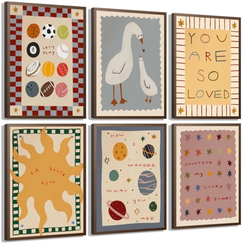 Pyvrah Set of 6 Unframed Art Prints Boho Kids Room Wall Art Cute Sports Goose Sun Planet Star Wall Decor Minimalist Nursery Posters for Baby Bedroom Playroom 8x10 Inch