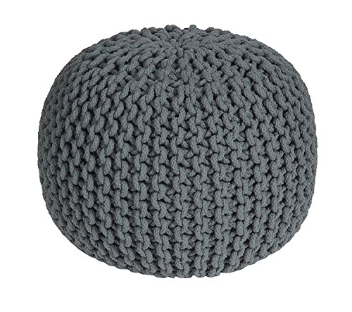 HOMESCAPES Pouf rond tressé en coton, Pouf tricot coloris Gris, 40x35 cm