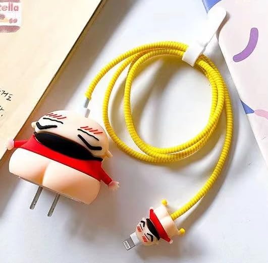 Image of Meyaar Silicone Protective Case for Apple 20W & 18W iPhone USB-C Power Adapter Charger and for USB Lightning Cable, 3D Cartoon Case for iPhone Charger 18W /20W Only (Shin.chan (Red))