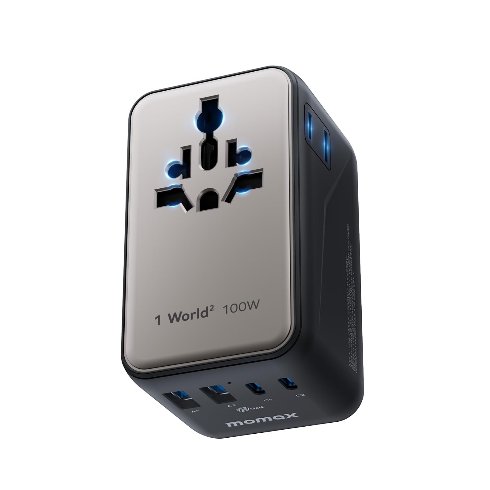 Chargeur Rapide Universel 100W GaN avec 2 Prises AC, 2 USB-C PD + 2 USB-A QC - Compatible avec Plus de 150 Pays dans Le Monde Entier (UE, États-Unis, Royaume-Uni, Japon, etc.) -Or