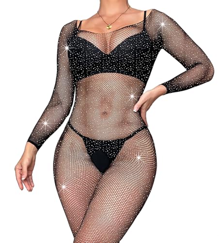 Aucute Damen Sexy Dessous Fischnetz Bodystocking Sparkle Dancer Rave Outfits Transparentes Mesh Jumpsuits Full Strass Bodys, Schwarz