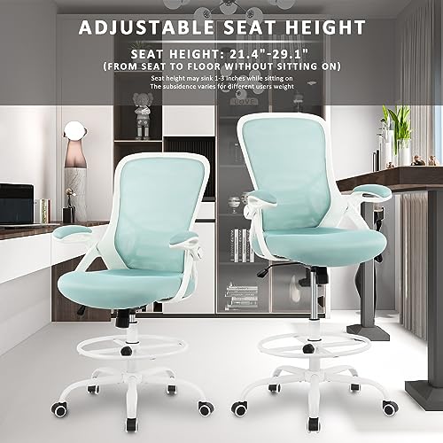 Image of HYLONE Drafting Chair Tiffany Blue, Tall Office Chair Standing Desk Stool with Adjustable Height, Foot Ring, Flip-Up Arms, Mesh High-Back Office Chair, White