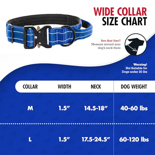 Image of Tuff Pupper Tactical Dog Collar | Heavy Duty 1.5 inch Wide Ballistic Nylon | Training Control Handle | Quick-Release Metal Buckle | Reflective Bands | ID Tag Holder | Padded Inner Lining (Blue, Large)