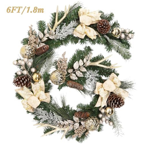 6 Ft Pre-Lit Christmas Garland, Battery Operated Xmas Garland with 20 LED Lights, Pine Cones, Berries, Bows, Gold Balls for Front Door Fireplace Mantel Stairs Table Decor