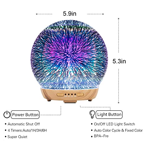 Coosa Essential Oil Diffuser -250Ml 3D Glass Aromatherapy Diffuser Cool Mist Humidifier With 4 Timer,2 Led Colors And Waterless Auto Shut-Off Settings For Home,Office #TOP7