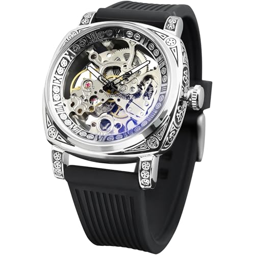 Image of FORSINING Fancy Watches for Men, Square Retro Mechanical Watch Self-Wind Carved, Gear Movement Golden Skeleton Automatic Watches Vintage Leather Strap Wrist Watch