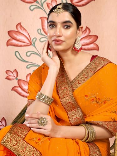 Image of Satrani Women's Georgette Embroidery & Stone Work Saree with Unstitched Blouse Piece