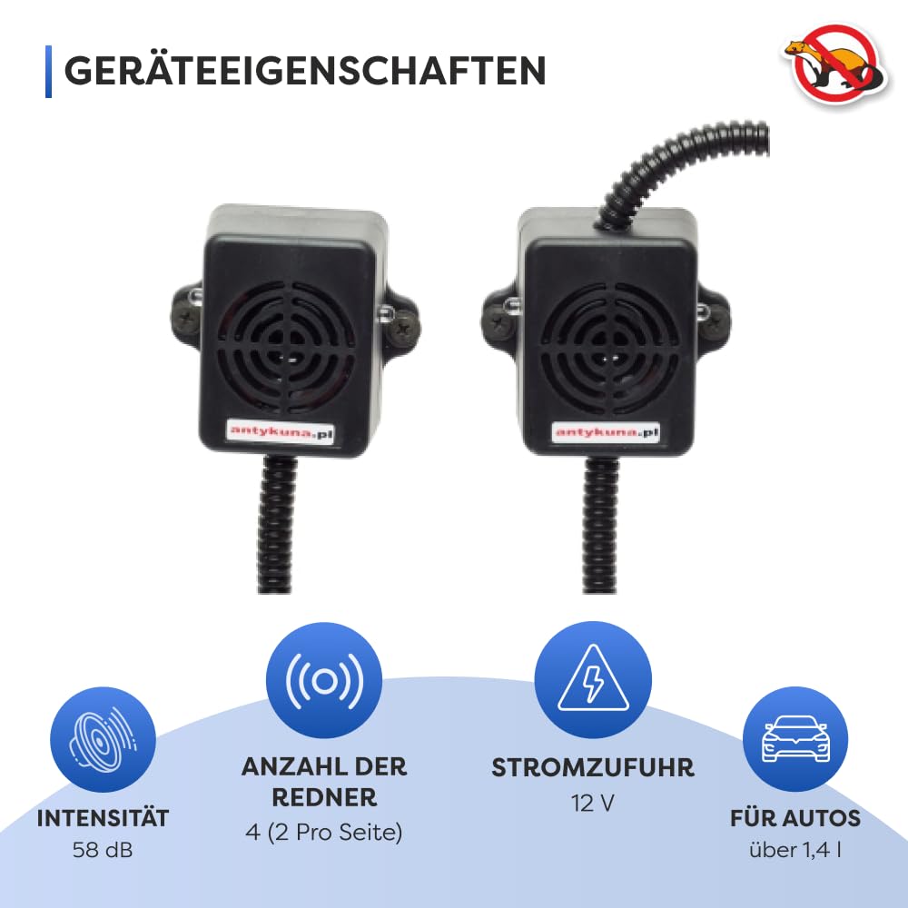 ON/Off Ultraschall Marderabwehr Auto – 2 Lautsprecher | Für große Motorräume | Start-Stop geeignet | 12V