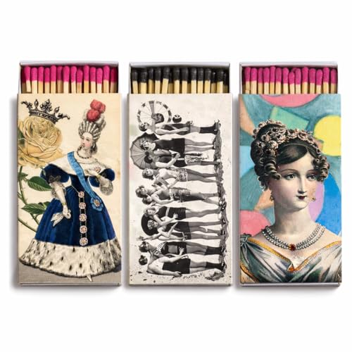 Set of 3 Large Decorative Matchboxes (4.5”) – 50 4-Inch Matches Per Box – Pink & Black Tipped – Vintage Women Victorian & Retro Beach Designs