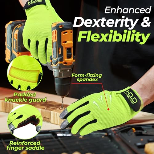Image of HANDLANDY Mens Hi-vis Reflective Safety Work Gloves Touch screen, Synthetic Leather Padded Utility Gloves (Hi-vis Yellow, Large (Pack of 1))