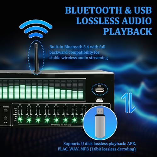 Ecualizador Gráfico Estéreo, Ecualizador Digital con Bluetooth 5.4, Pantalla LED Dinámica de Espectro, Reducción de Ruido, Decodificador Óptico y Coaxial para Home Theater, Estudio de Grabación, Escenario y Concierto miniatura 7