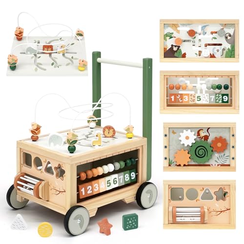 Image of Joyreal Wooden Baby Walker - 9-in-1 Baby Push Walker with Activity Cube, Push Activity Walker for Boys and Girls, Sit-to-Stand Learning Walker Activity Center, Speed & Height Adjustable