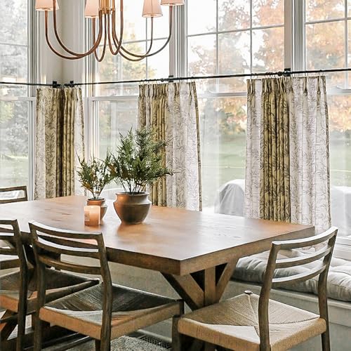 Image of TWOPAGES Pinch Pleat Leaf Print Cafe Curtains, Travertine, 26W x 45L