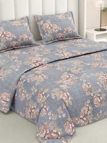 Image of Rivermoor 200 TC Ultrasoft Bedsheet for Double Bed | Queen Size Bed Sheet with 2 Pillow Covers | Grey Floral Print | 88 x 96 Inches | Breathable & Hypoallergenic