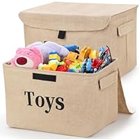 Toy Storage Box Organizer Baskets, 2 Pack Burlap Kids Toys Storage Baskets Bins with Lids & Metal Frame, Collapsible Toy Baskets for Closet Shelves, Nursery, Livingroom, Playroom, 15\"x10\"x9.8\"