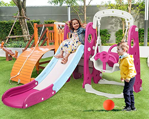BAHOM 3 in 1 Climber Slides Playset for Boys Girls Indoor and Outdoor Play, Kids Climber with Slide and Swing for Toddlers, Ages 6 Months to 6 Years Old (Rose)