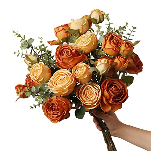 MRKU Ramo de Flores Artificiales, Flores Falsas, Rosas Artificiales con jarrón, Ramo de Seda para el hogar, la Oficina, la Fiesta, la decoración Nupcial y de la Boda, 7 Rosas y 2 Hojas Verdes, Flores