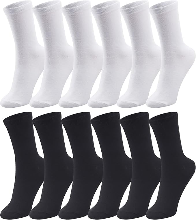 ZIBELL Cotton Crew Socks, 12 Pairs (6 White, 6 Black), Calf Length, US Size 7-12