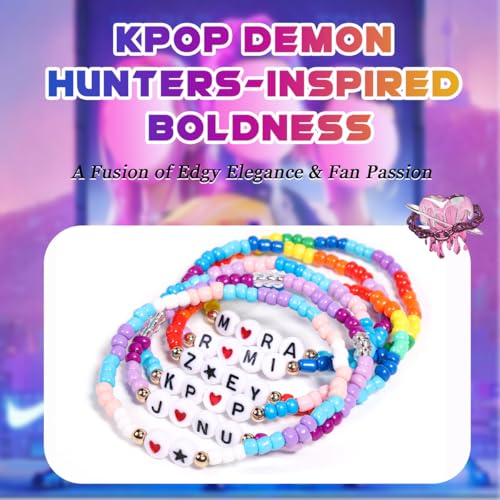 AICase for Kpop Demon Hunters Merch Rumi Zoey Mira Saja Jinu Inspired Bracelets 6 Pcs Stackable Stretch Friendship Beaded Bracelets for Huntrix Saja k pop Unique Merchandise Jewelry Gifts for Fans_582