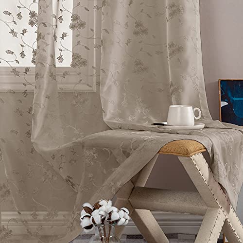 Lazzzy Sheer Curtains For Living Room Embroidered Voile Window Curtain With Floral Design 84 Inch Bedroom Kitchen Rod Pocket Window Treatment Sets 1 Pair Taupe #TOP4