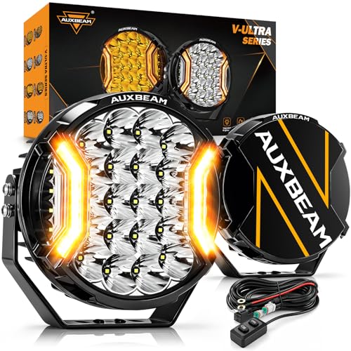 Image of Auxbeam V-Ultra Series 9 inch Round LED Auxiliary Lights Offroad Lights 2-Pack | 270 Lighting Angle, Side Shooter Optics, Amber DRL, Hyper Spotlight, 300W 35600LM, for Jeep Ford Truck SUV ATV RZR 4x4