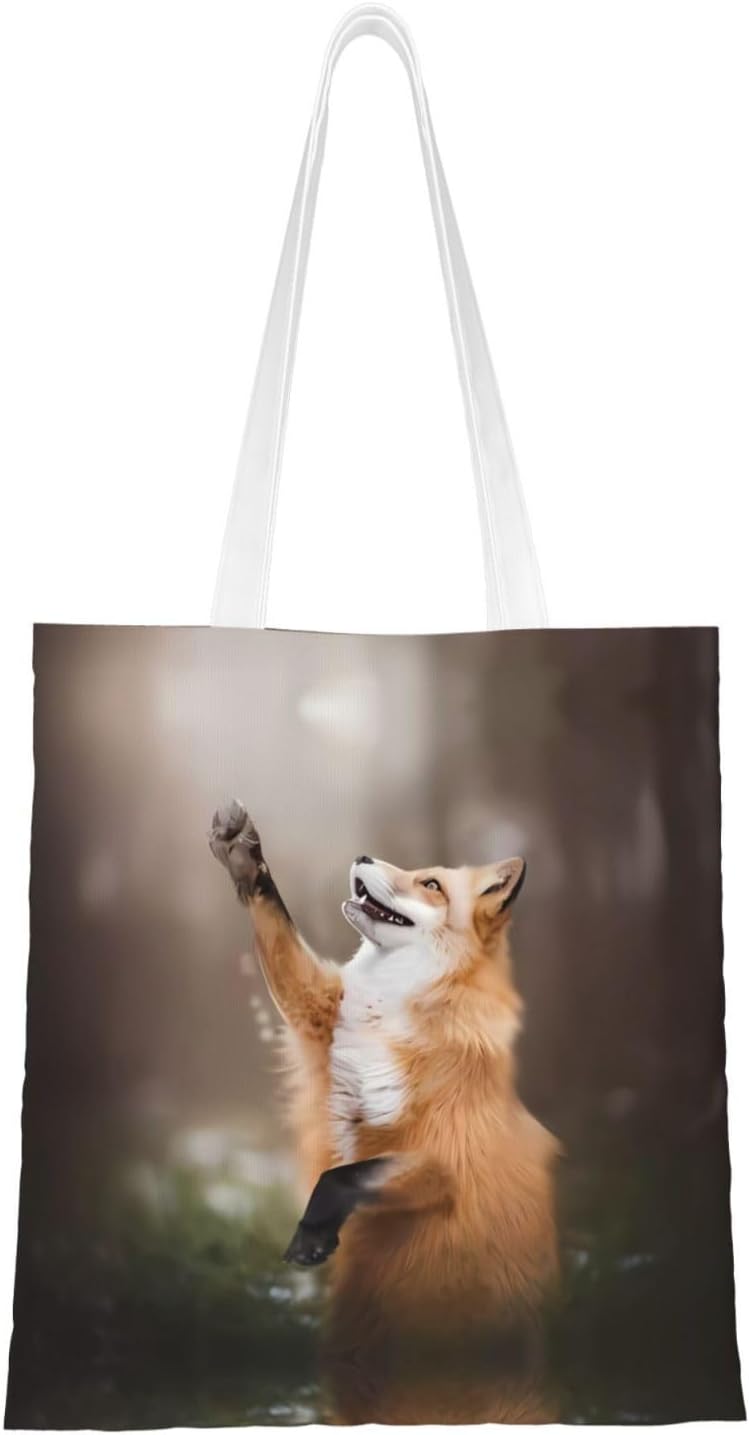 アニマルキツネ柄キャンバストートバッグ高耐久生地コットン再利用可能なショッピングバッグショッピングスクールジムブラックフリーサイズ、色付き