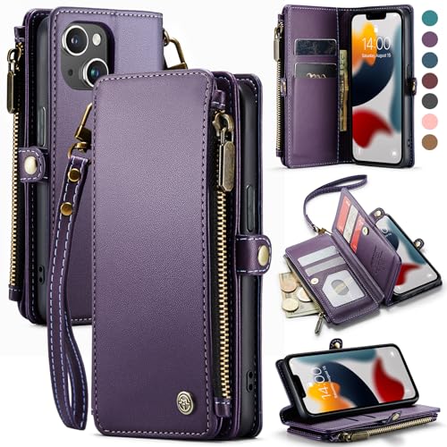 Defencase for iPhone 13 Case, RFID Blocking for iPhone 13 Wallet Case for Women Men with Credit Card Holder, Zipper Pocket Magnetic Flip PU Leather Protective Cover for iPhone 13 Phone Case, Purple