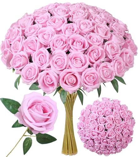 Image of 50 PCS Pink Roses Artificial Flowers, Real Looking Fake Roses with Long Stems Silk Flowers for DIY Wedding Bouquet Party Celebration Home Bridal Shower Decoration Valentine's Day Gift for Her Wife