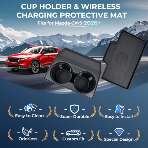 Image of Cup Holder Insert & Wireless Charging Protective Mat for Mazda CX5 2026, Center Console Interior Accessories Cup Holder & Wireless Charger Cover Pad for 2026 CX-5, Black