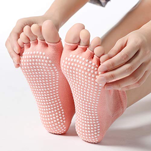 Vanktion 2 Pairs Toeless Yoga Socks Non-Slip Grips For Pilates Ballet Dance Barefoot Workout Cotton Open Toe Women Sports Socks (Orange) #TOP6