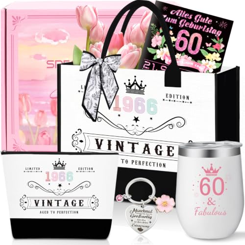 60.Geburtstag Geschenk Frau Vintage 1966 Canvas Einkaufstasche Tragetasche Kosmetiktasche 7 Set mit Becher Strohhalm Grußkarte 60. Geburtstagsgeschenk für Mama Freundin Kollegin oder Schwester