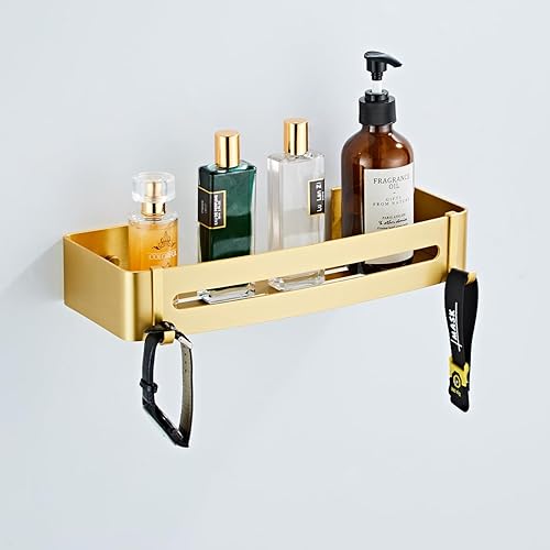 Miniatura 2 de Estante de ducha dorado cepillado adhesivo o perforación, soporte para cosméticos de baño con ganchos para champú