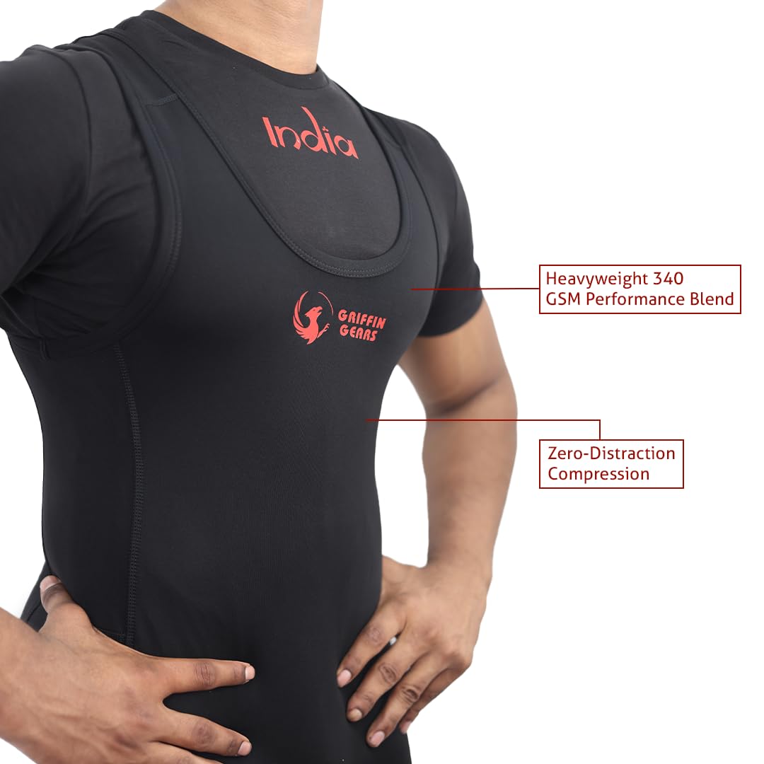 GRIFFIN GEARS Men's Powerlifting Singlet | IPF Standard | Single Ply | Competition & Training | Indian Sizing XS to XXL | Squat Deadlift Bench Press