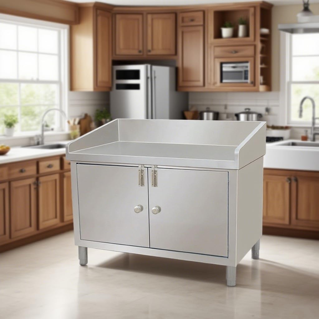 Double-Door Stainless Steel Workbench with 3-Sided Work Table for Kitchen Storage Features Extra-Large Capacitility and Adjustable Legs Countertop Reinforced with Multiple Cross-Beams